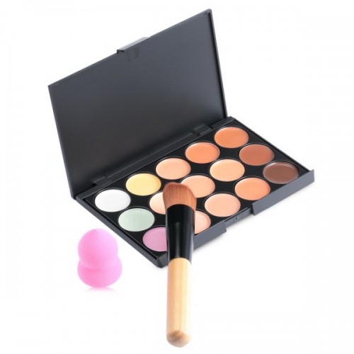 15 Colors Contour Face Cream Makeup Concealer Palette with Powder Puff Brush - Jet Black 01#