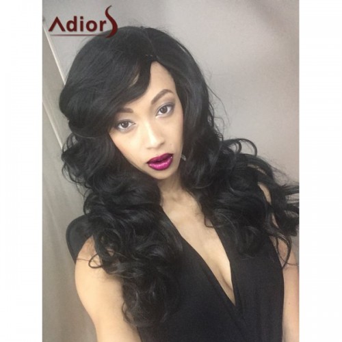 Adiors Fluffy Long Wavy Side Parting Synthetic Wig - Black