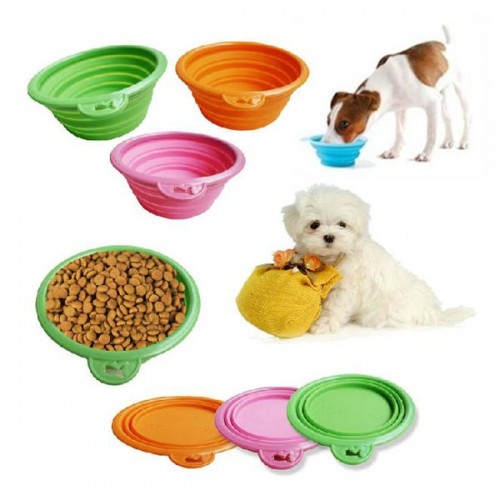 Pet Dog Cat Fashion Silicone Collapsible Feeding Water Feeder Travel Bowl Dish-Color Random
